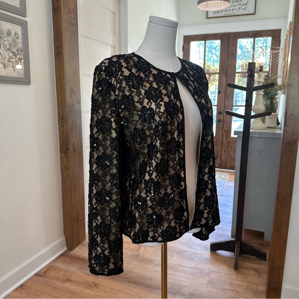 Women's 14 Black Beaded Lace Open Lined Cocktail Holiday Formal Party Jacket - Picture 6 of 7